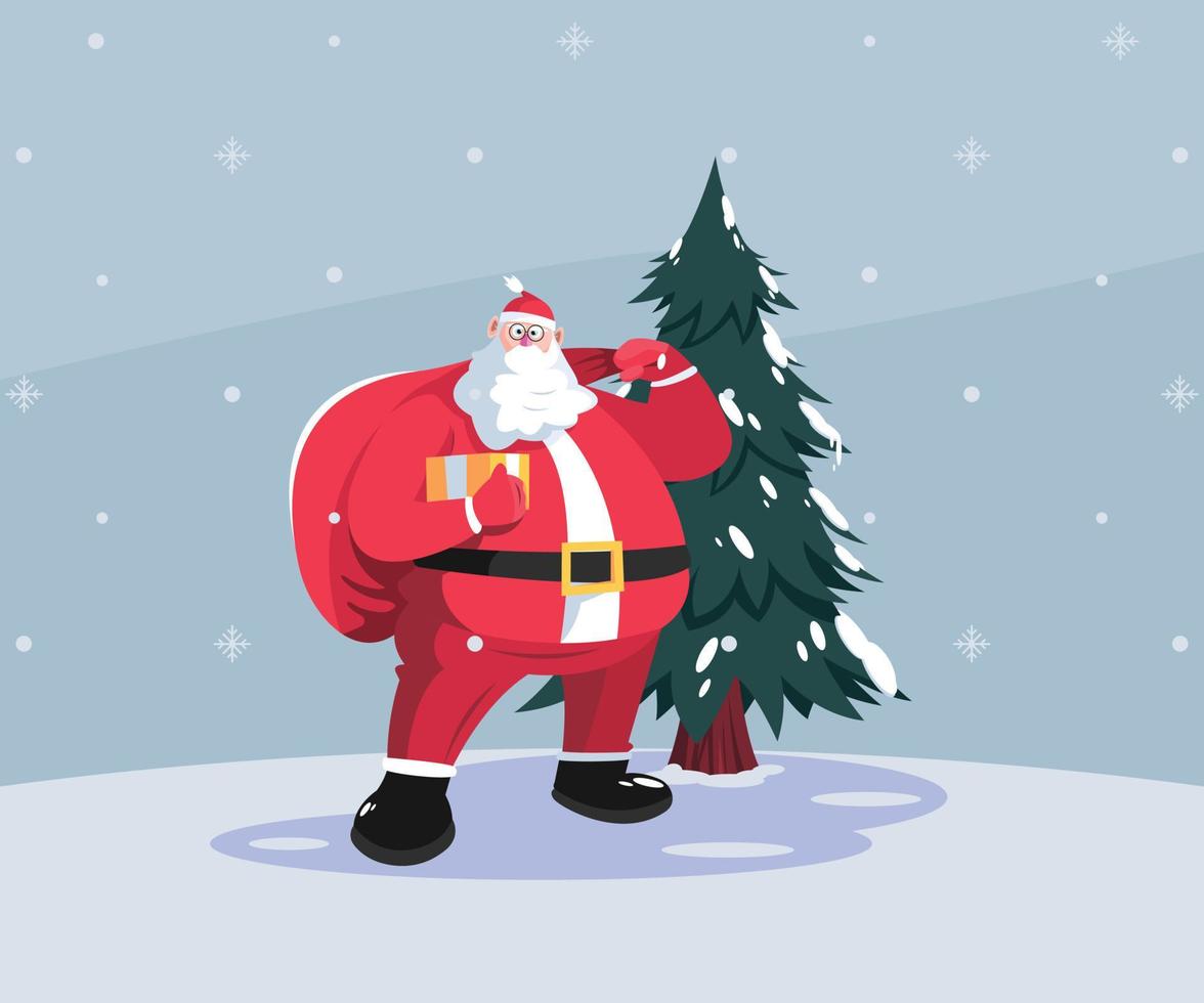 Santa Claus Illustration Character with gift, bag with presents.  For Christmas cards, banners, tags and labels vector