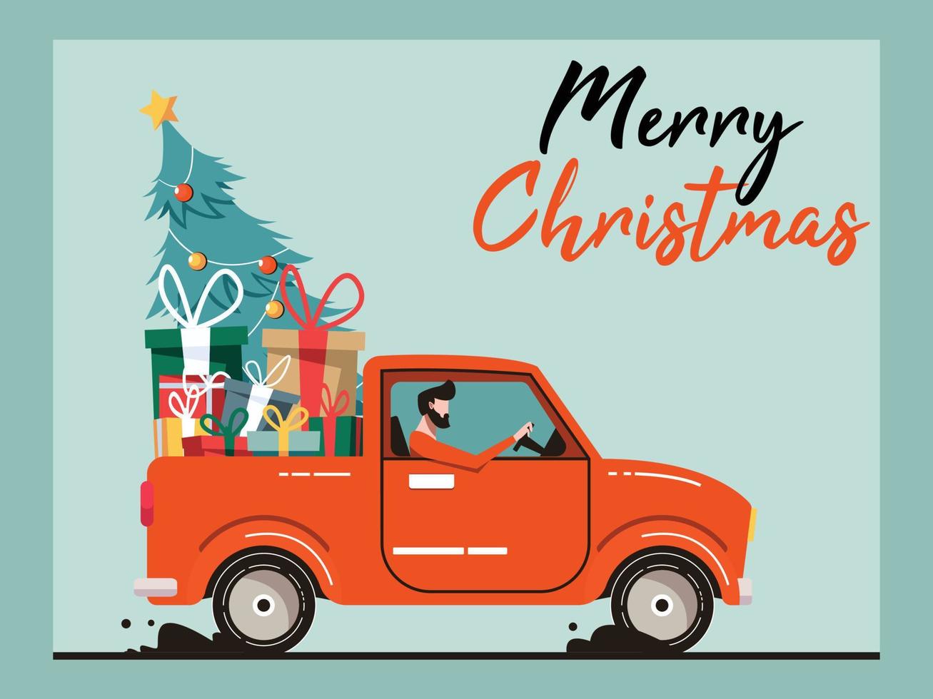 Christmas truck. Vector illustration with a Christmas tree and present