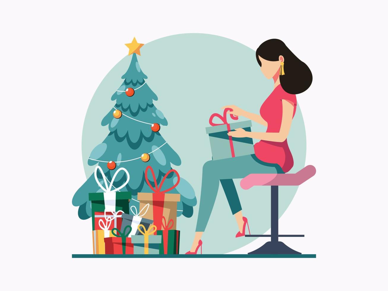 Women opening a present box beside a Christmas tree. vector