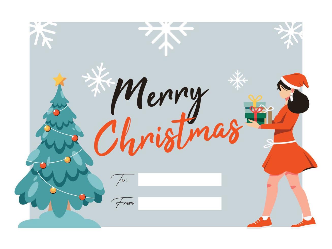merry christmas illustrations greeting card with christmas tree and women bring gift box vector