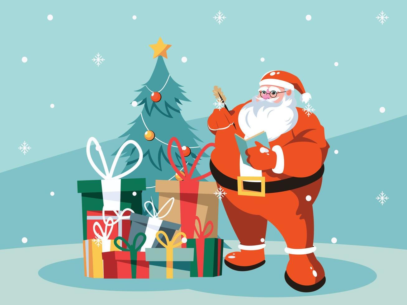 Cartoon character illustration of Santa Claus and Christmas tree with presents vector