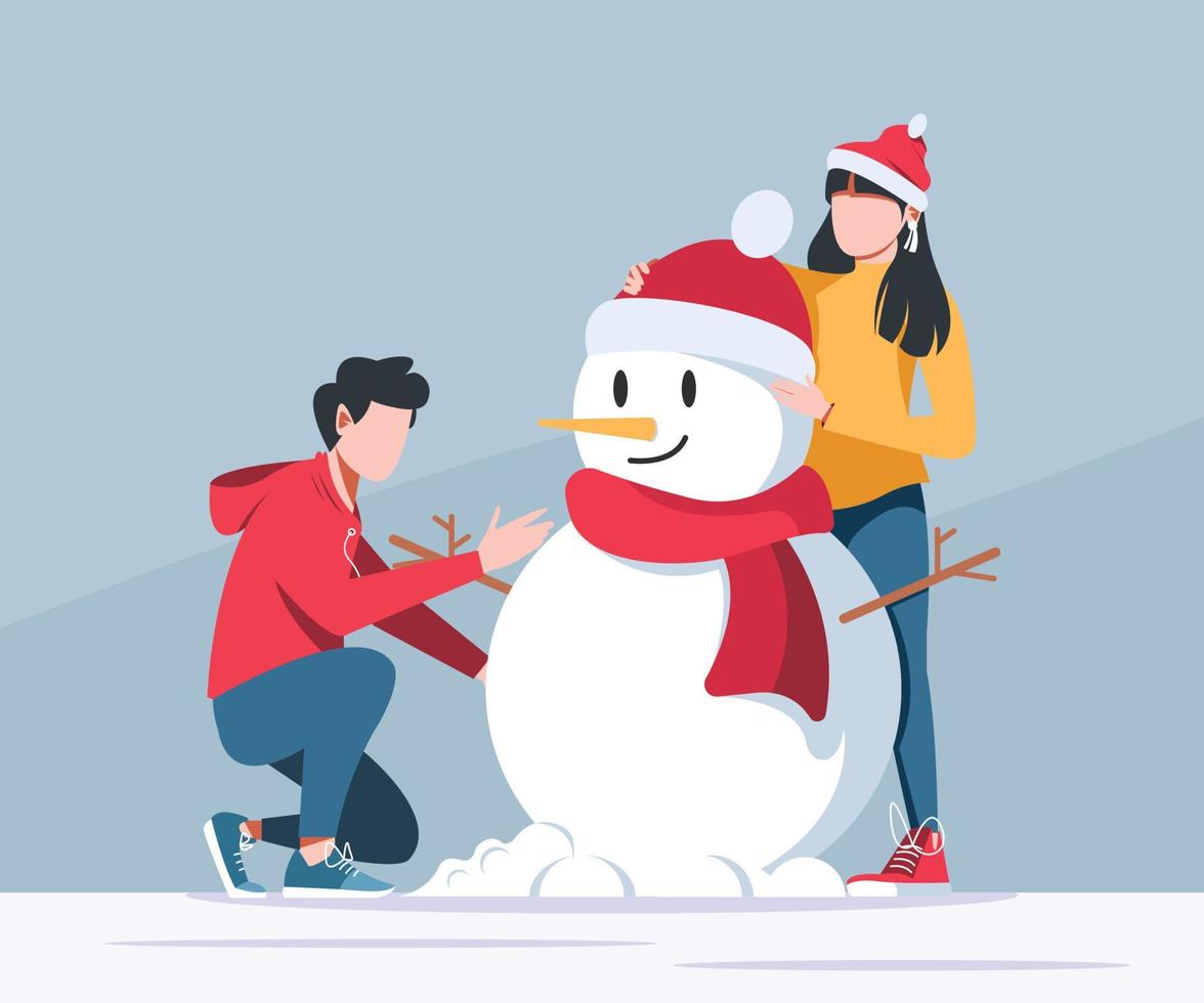 Boy and Girl build snowman in winter vector