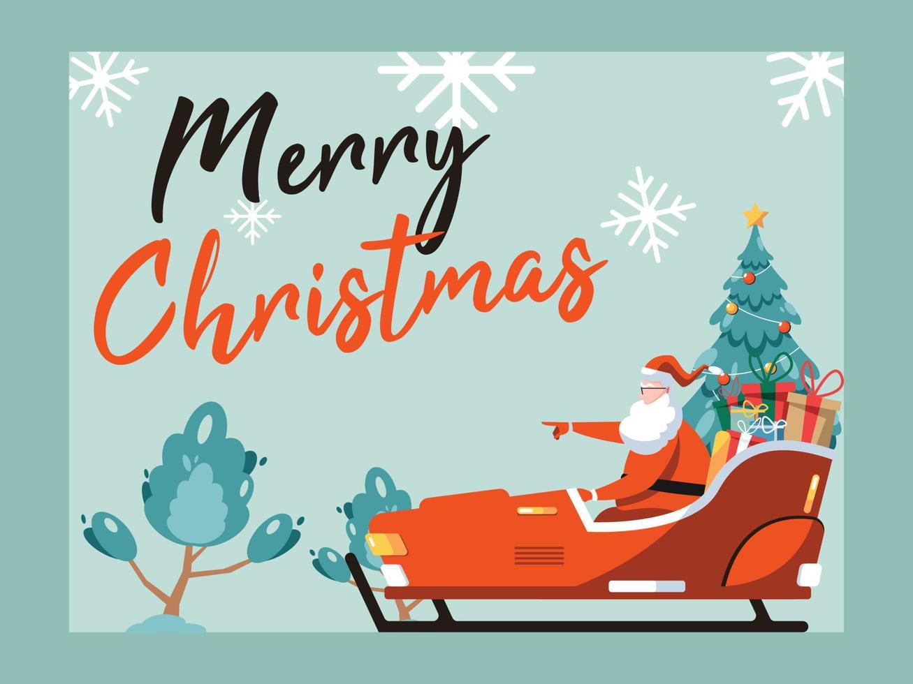 Merry Christmas illustration. Cute cartoon Santa Claus sitting in sleigh with present and christmas tree vector