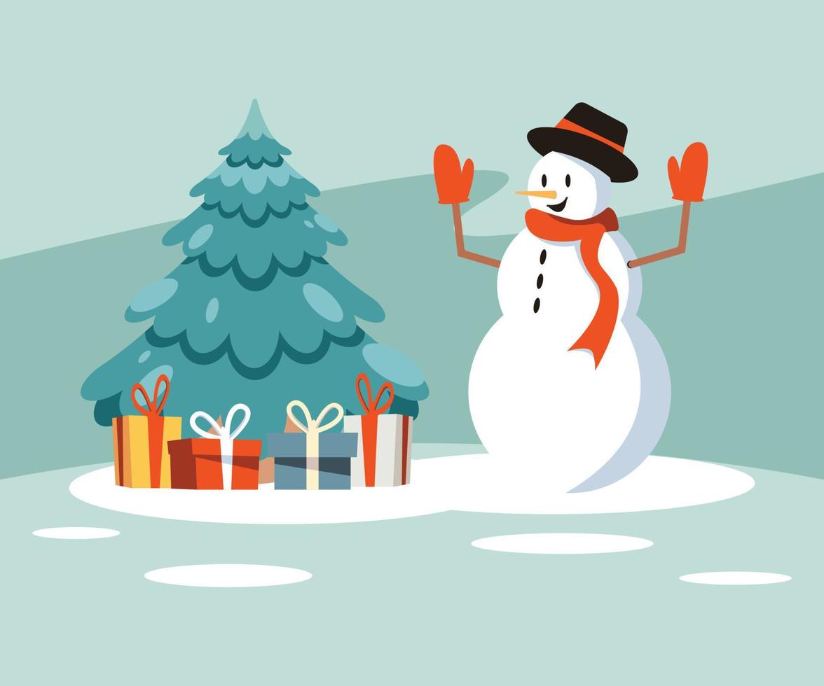 muñeco de nieve con árbol de navidad y regalos vector