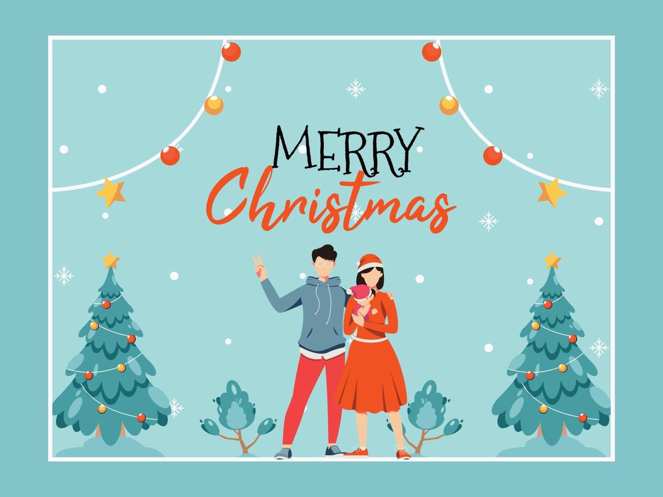 Merry Christmas Greeting Card with Cute Cartoon Family vector