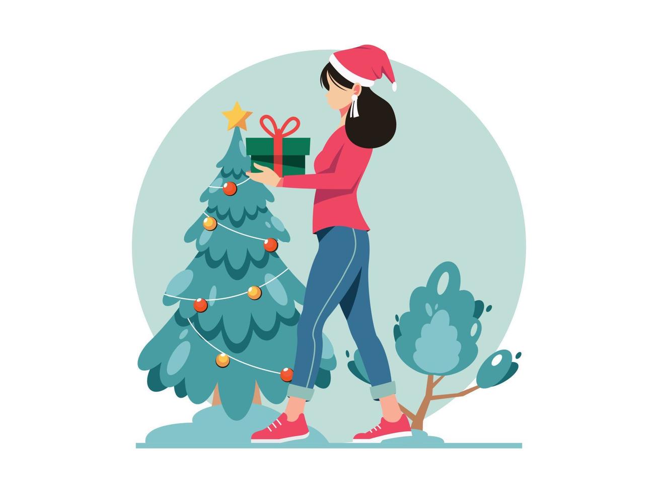 feliz navidad y feliz año nuevo ilustración vectorial. mujer con caja de regalo. regalo de Navidad. árbol de Navidad vector