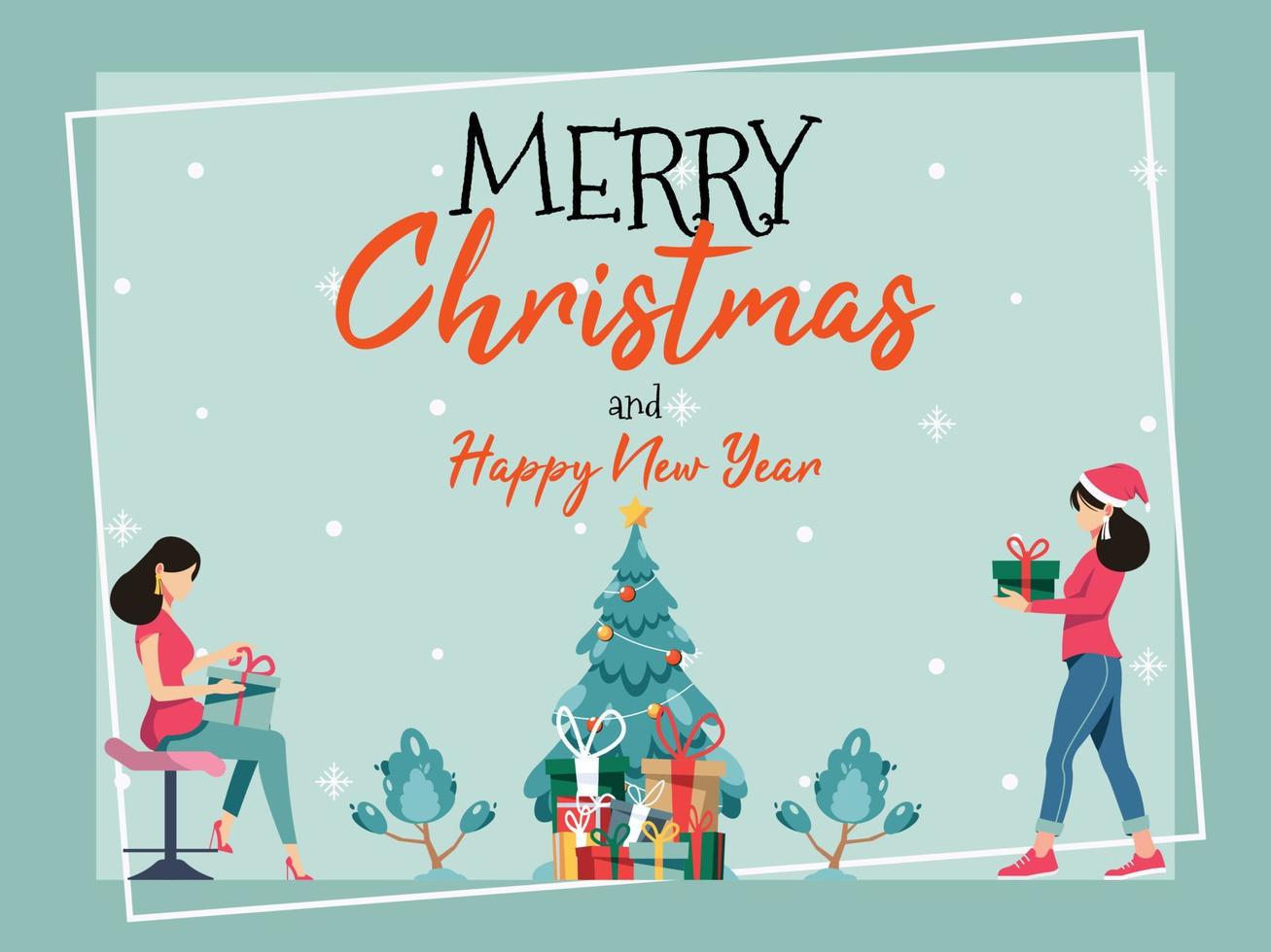 feliz navidad y feliz año nuevo tarjeta de felicitación con árbol de navidad, caja de regalo y mujer vector