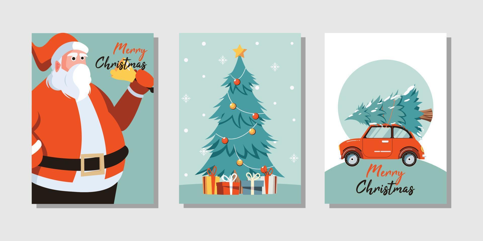 tarjeta de felicitación de feliz navidad con lindos diseños de árbol de navidad, santa y auto vector