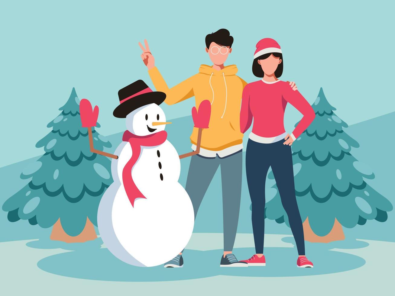 Young Couple with Snowman vector