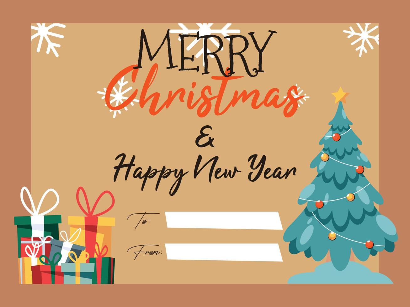 feliz navidad y feliz año nuevo fondo para tarjetas de felicitación con árbol de navidad y presente vector