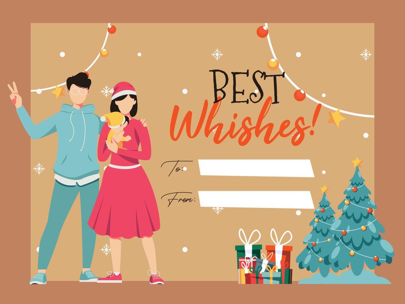 Merry christmas and happy new year cartoon illustrations greeting card template with family vector