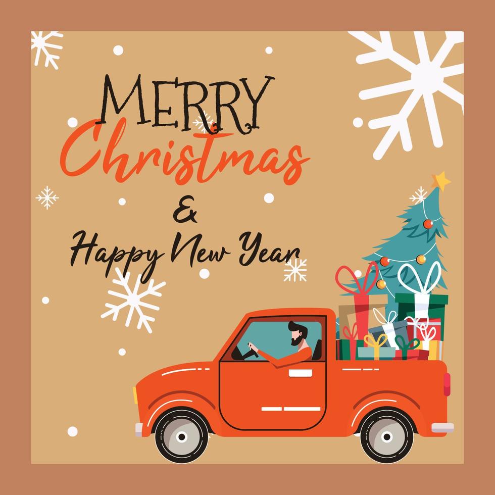 feliz navidad y feliz año nuevo tarjeta de felicitación con camión de navidad vector