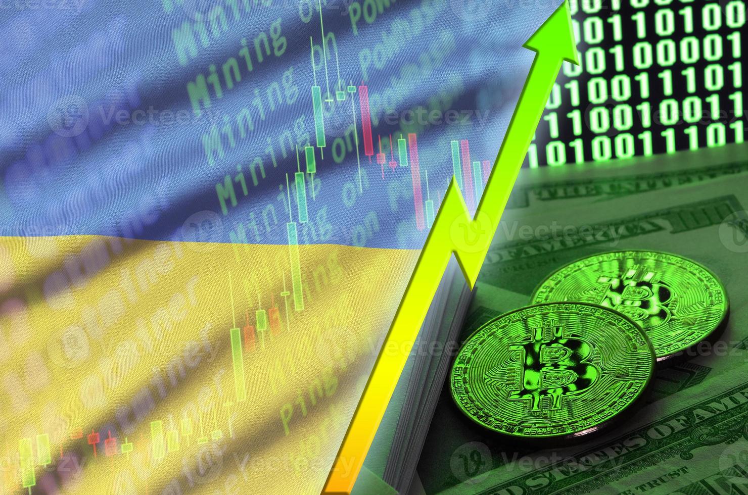 Ukraine flag and cryptocurrency growing trend with two bitcoins on dollar bills and binary code display photo