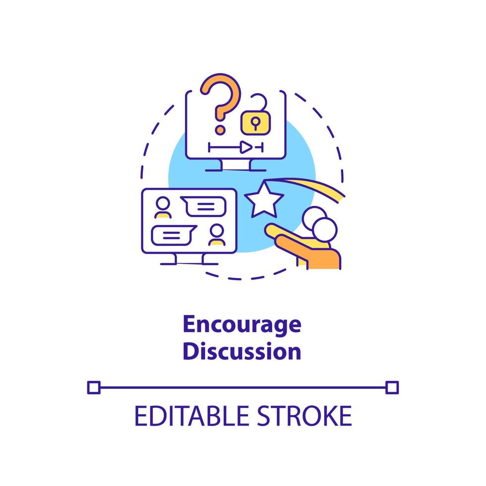 Encourage discussion concept icon. Student opinion. E Learning video tip abstract idea thin line illustration. Isolated outline drawing. Editable stroke. vector