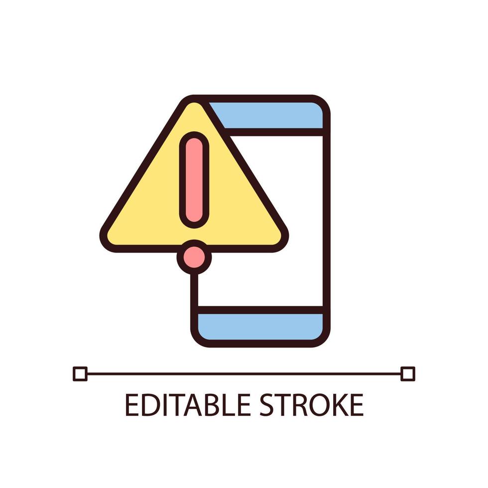 Phone warning pixel perfect RGB color icon. Mobile phone breakage. Smartphone touchscreen issue. Isolated vector illustration. Simple filled line drawing. Editable stroke.