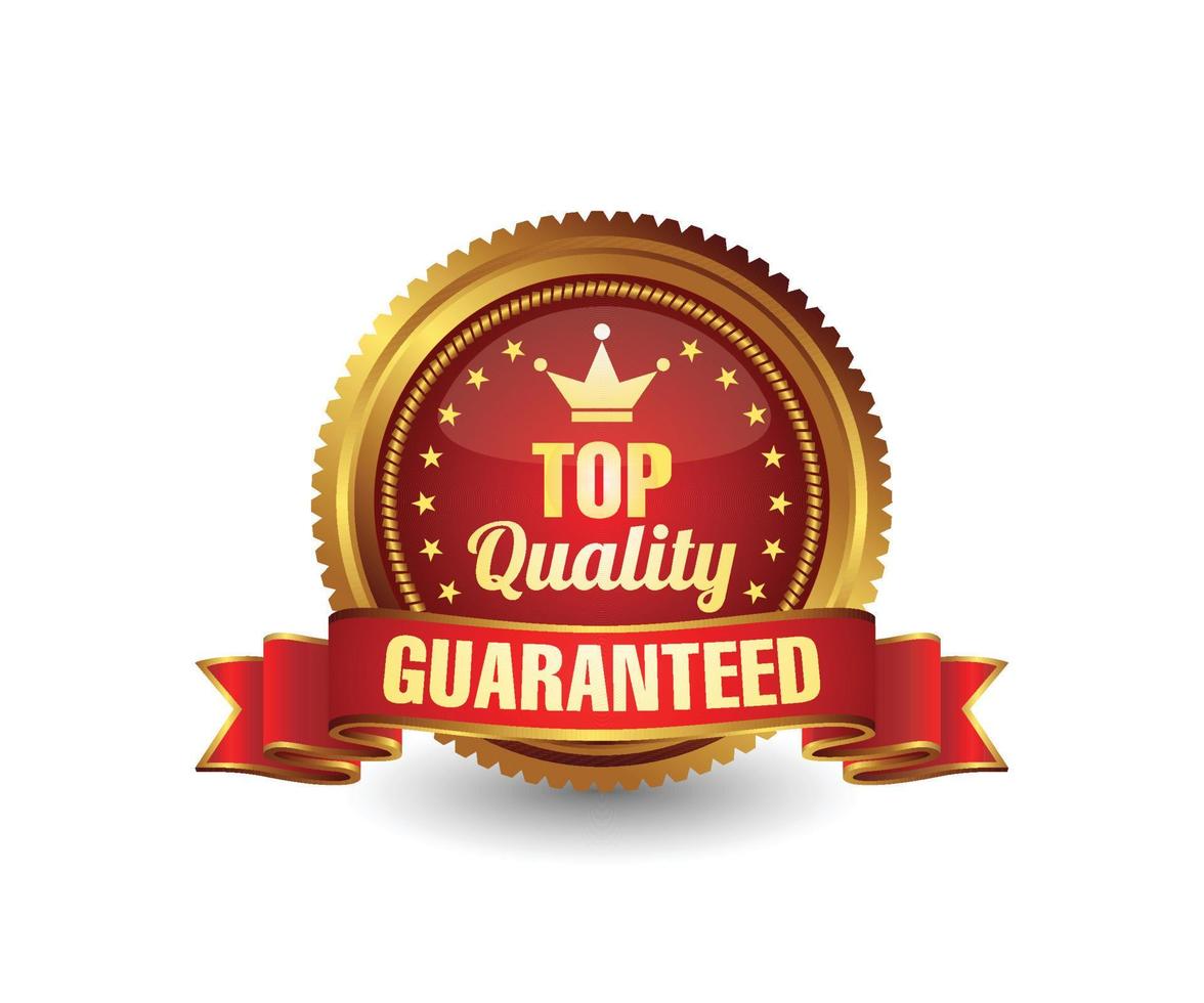 Top quality guaranteed gold badge with red ribbon, crown and stars. vector