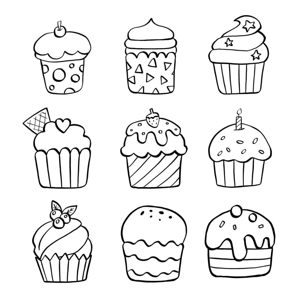 Black line set of nine cupcakes on white background. Hand drawn cartoon style. Doodle for coloring, decoration or any design. Vector illustration of kid art.