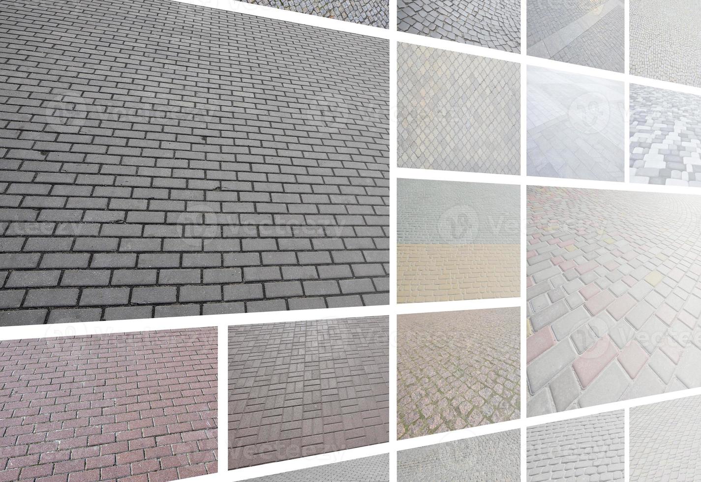 A collage of many pictures with fragments of paving tiles close-up. Set of images with pavement stone photo