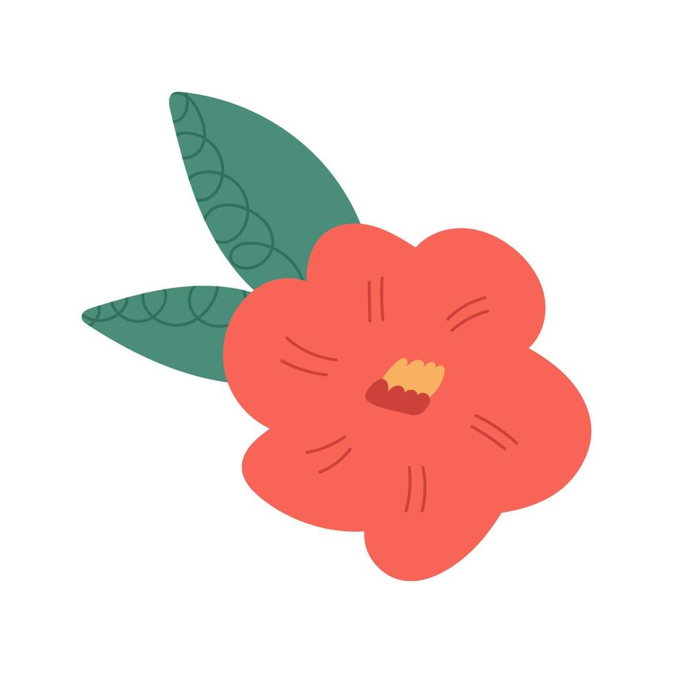 flor de camelia con hojas, ilustración vectorial plana dibujada a mano aislada en fondo blanco. planta oriental tradicional. estilo de arte ingenuo. símbolo de la isla coreana de jeju. vector