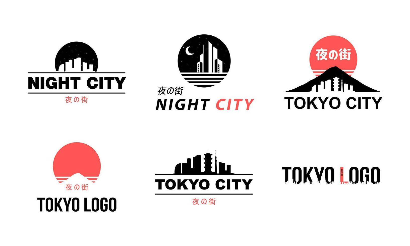colección de logos en estilo oriental. ciudad de tokio en alfabeto japonés. conjunto japonés de gráficos vectoriales. diseño de la ciudad nocturna de tokio. etiquetas cyberpunk de japón. vector
