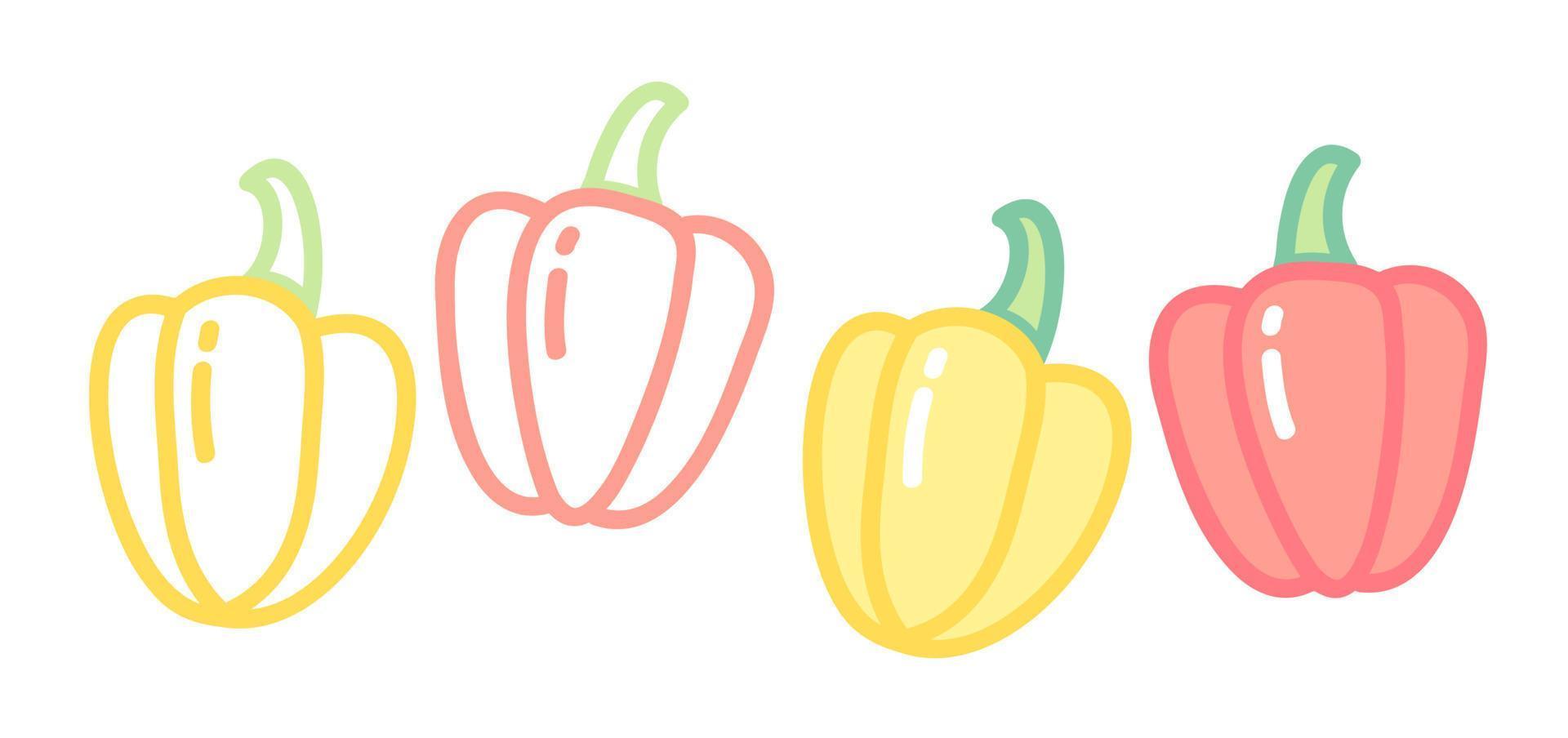 Vector set icons of bell pepper. Vector illustration of bell peppers. Hand drawing vegetables.