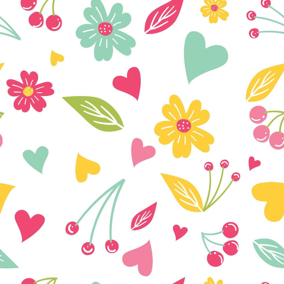 Vector seamless pattern with berries and flowers. Vector seasonal pattern with summer elements.