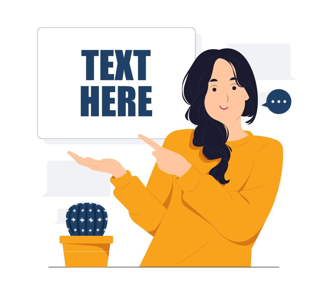 Woman showing and pointing fingers upper left and right corner with happy expression advices use this copy space wisely concept illustration vector