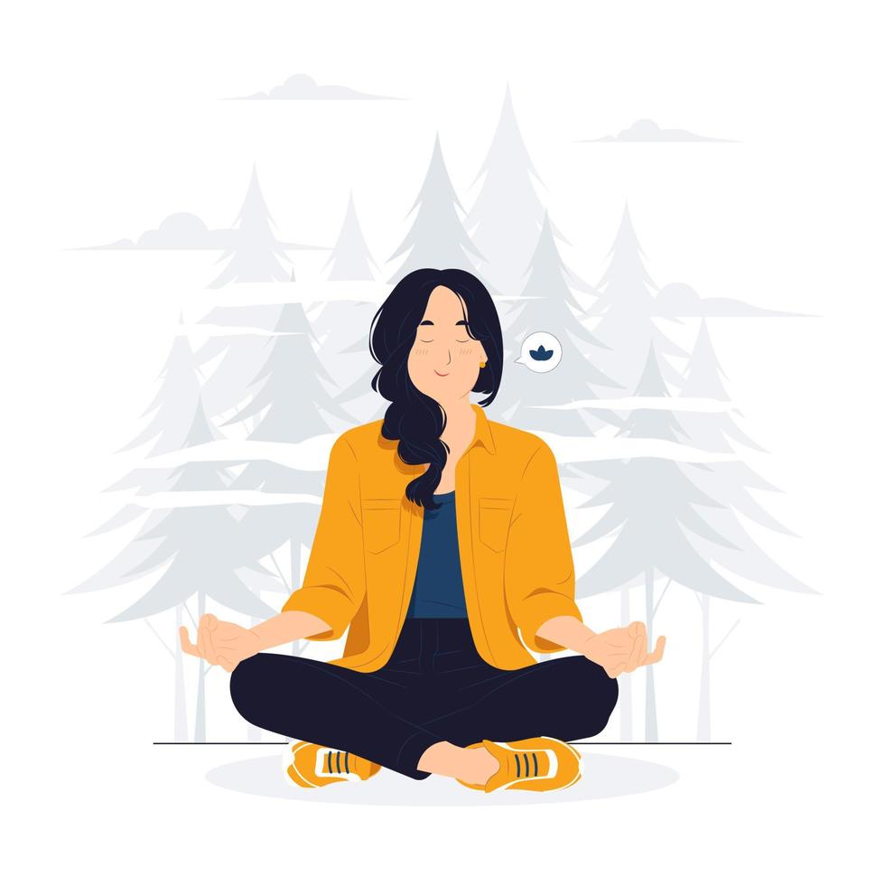 estilo de vida, emociones de la gente, mujer joven sonriente relajada y paciente con los ojos cerrados meditando para calmarse, hacer ejercicios de respiración con las manos en la ilustración del concepto de gesto zen vector