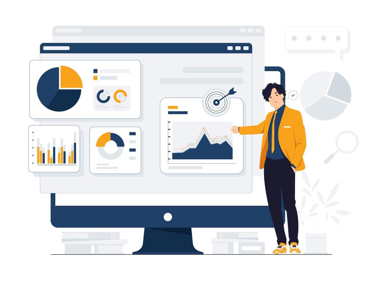 hombre de negocios señalando con el dedo el gráfico para analizar el crecimiento, las estadísticas del sitio, la información de datos, las estadísticas, el seguimiento de los informes financieros y la ilustración del concepto de inversiones vector