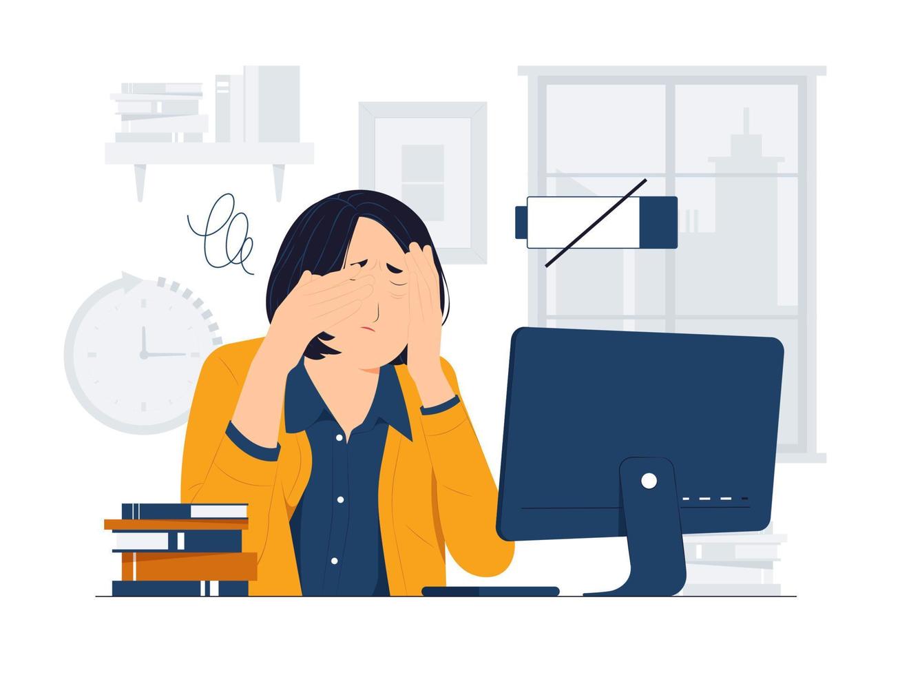 Frustrated, tired businesswoman after work, touching his head, feeling absolutely stress and exhausted because of overwork, Deadline, Tiredness concept illustration vector