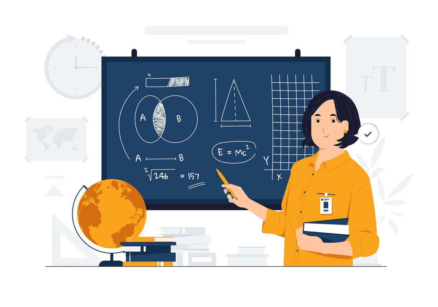 Teacher giving lesson to her students in classroom, Teaching, Learning, Education concept illustration vector