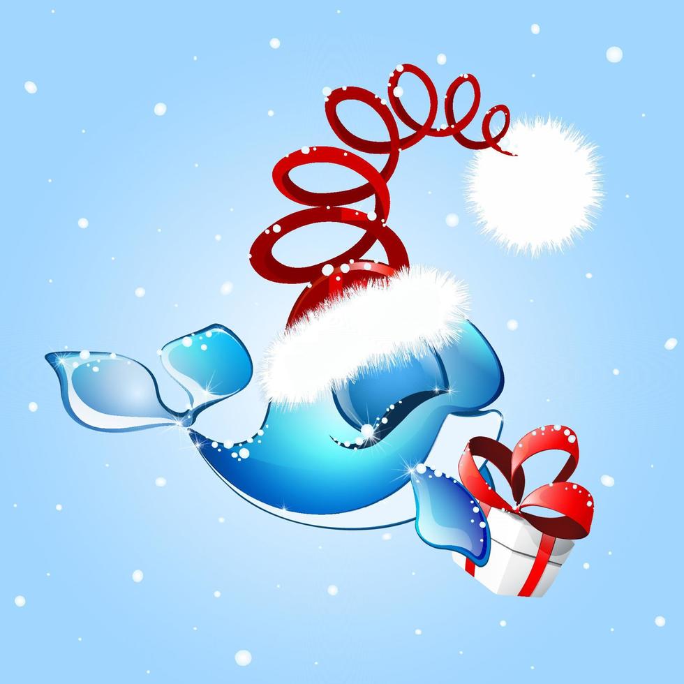 dibujos animados lindo ballena santa con caja de regalo de navidad en sus aletas bajo nevadas de invierno vector