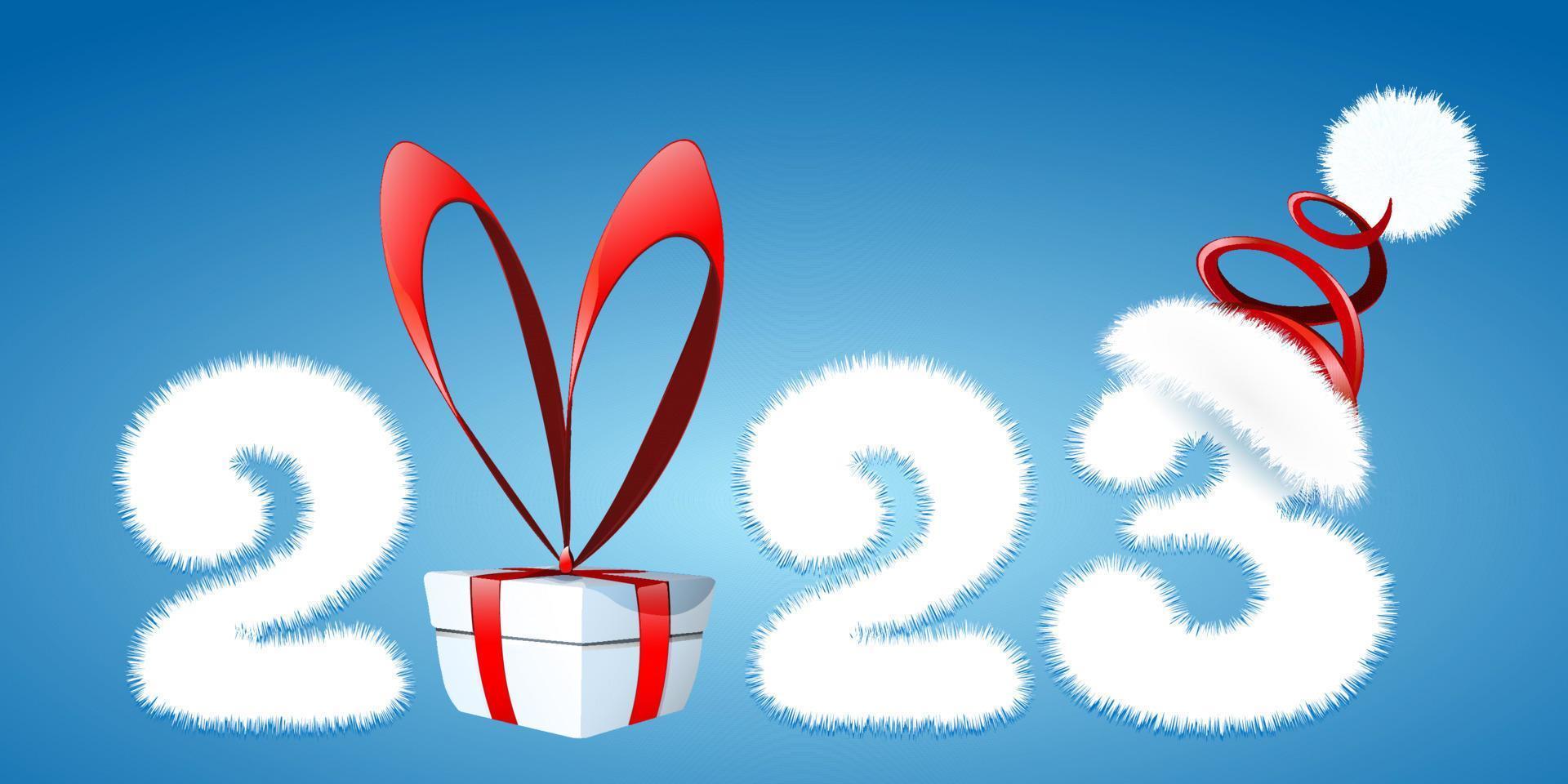 linda caricatura blanca esponjosa 2023 número de año nuevo con caja de regalo y sombrero de santa claus. navidad, concepto de año nuevo vector