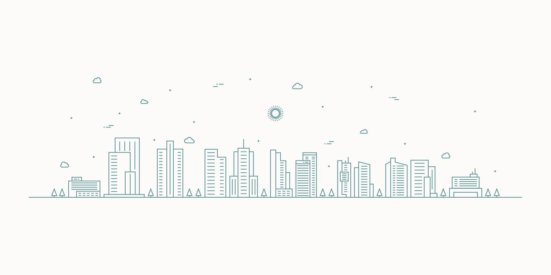 Cityscape. Modern flat line landscape vector. City landscape line art illustration with building, tower, skyscrapers. Vector illustration.