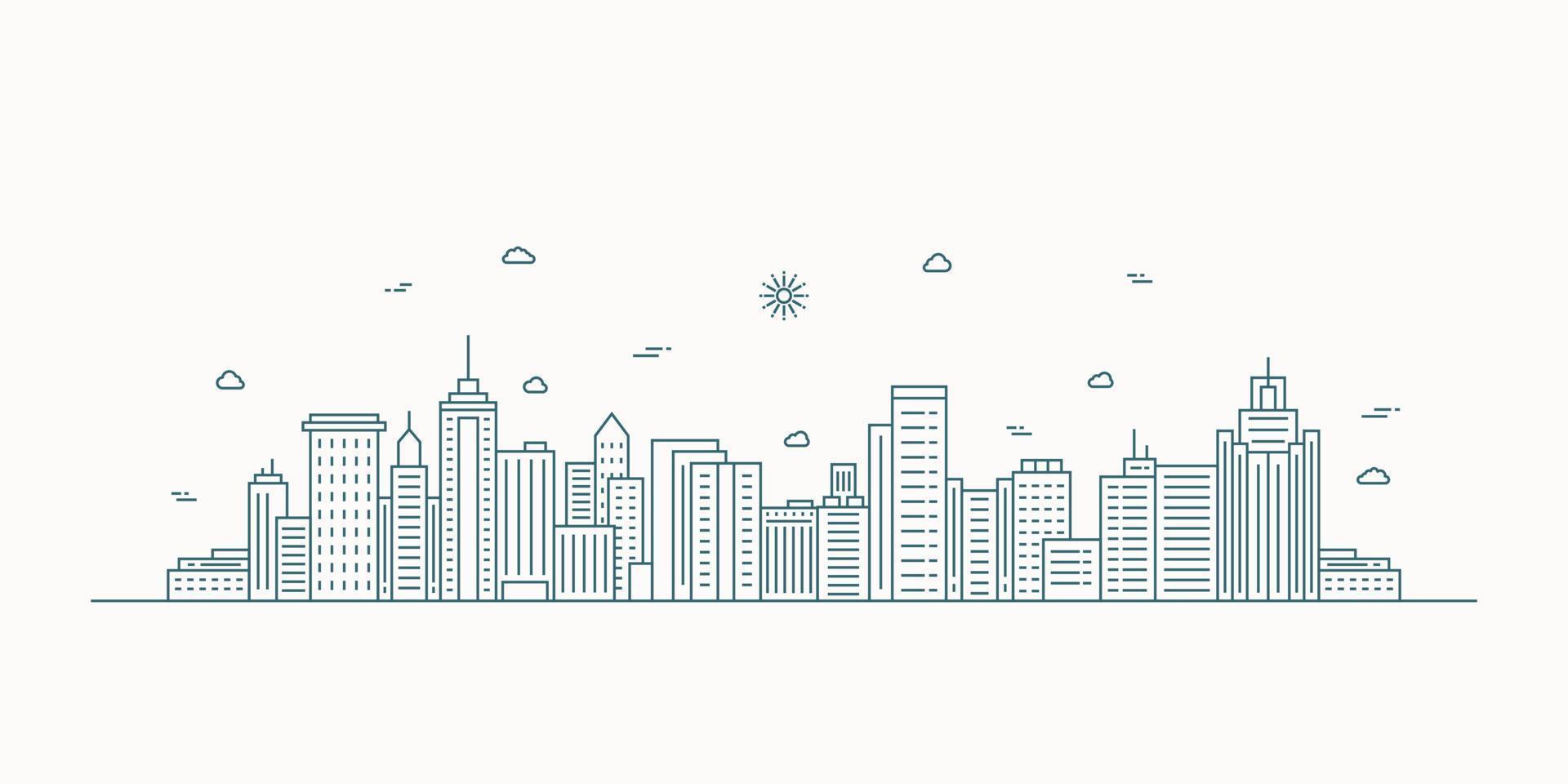 Cityscape. Modern flat line landscape vector. City landscape line art illustration with building, tower, skyscrapers. Vector illustration.