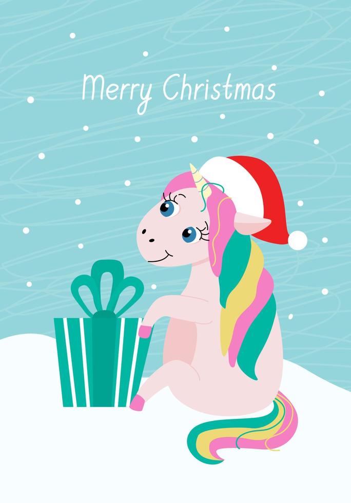 Greeting card with a cute little unicorn with a gift box decorated a bow ribbon. Merry Christmas hand drawn lettering. Flat vector illustration.