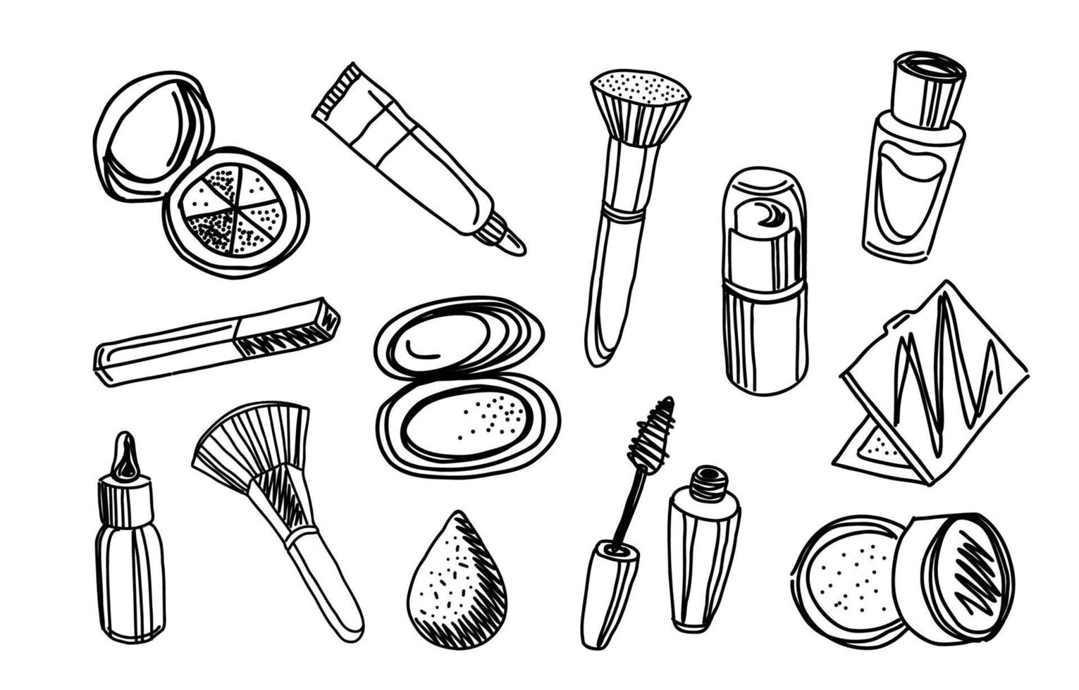 Sketch make up set. Line art cosmetic products collection. Hand drawn vector illustration in abstract simple style