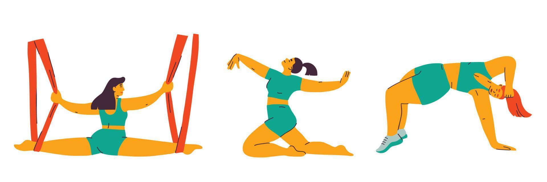 Female characters working out. Women performing exercises, dancing, practicing aerial stretching. Hand drawn vector illustration
