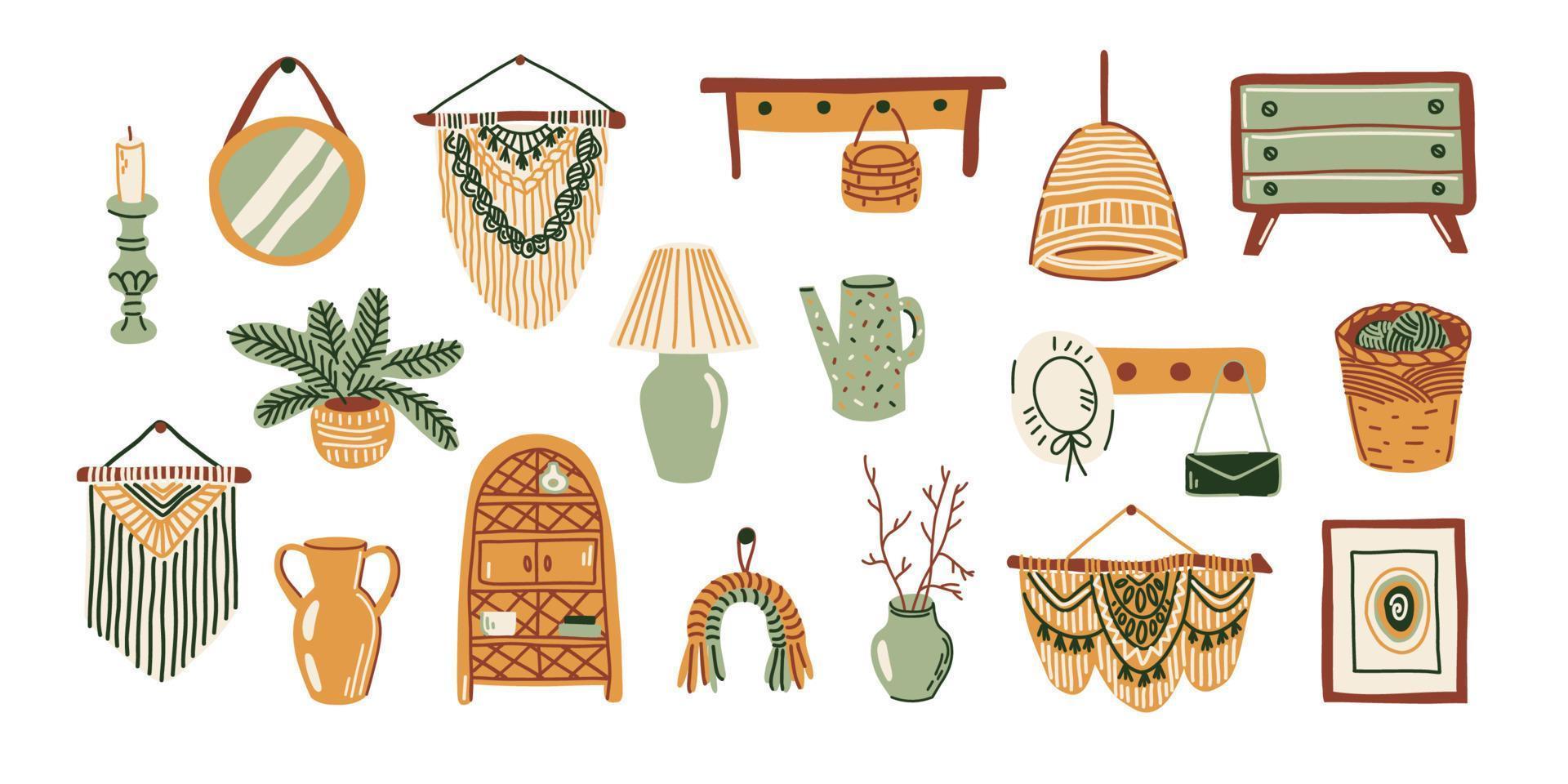 Boho style interior decor collection. Cozy home hand drawn set of furniture and accessories. Flat vector illustration
