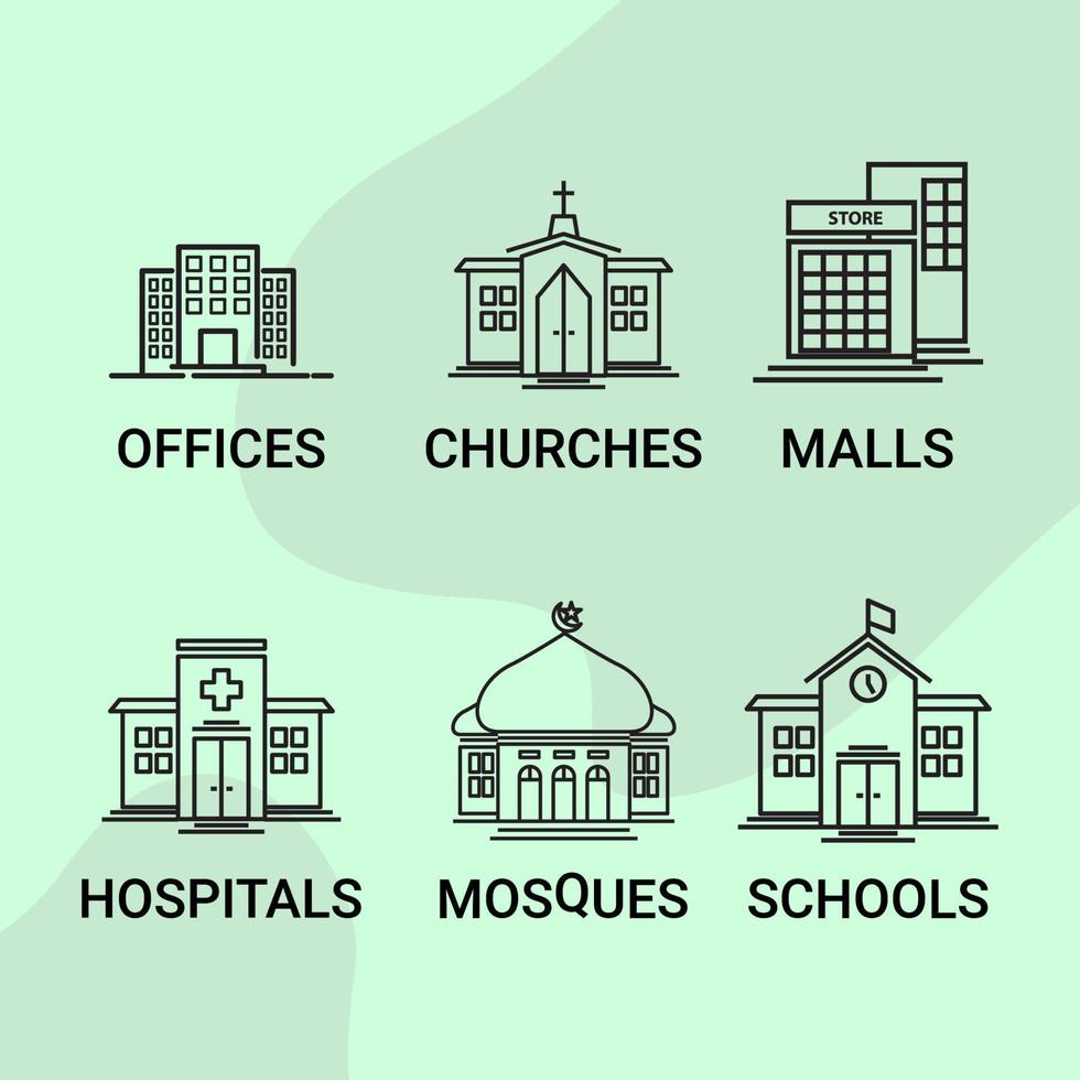 vector illustration of the outline of the mosque building, church, school, office, mall, hospital.