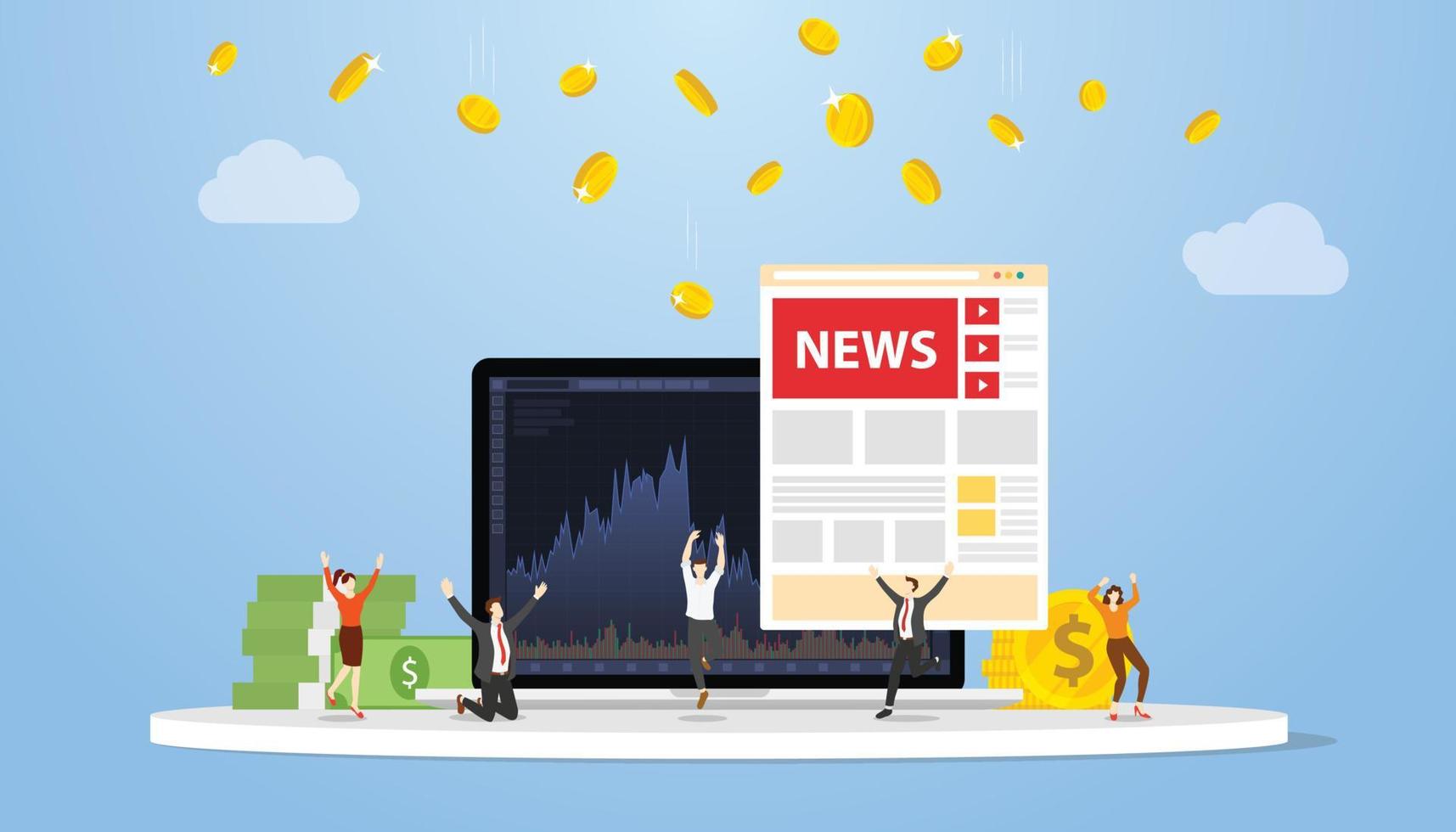 buy on news concept for trading in stock market with people and money investment with modern flat style vector