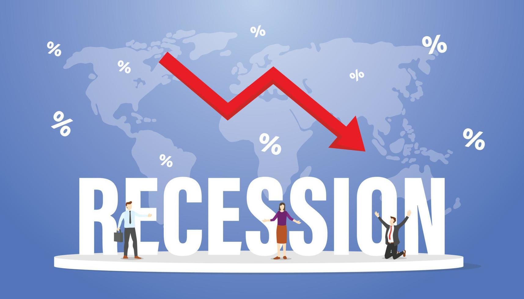 recession financial country from around the world with big word or text and people analyze with modern flat style vector