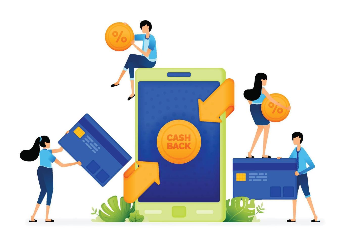 Vector illustration of Cashback earned for connecting credit cards with digital financial transactions apps. Can be used for landing pages, web, websites, mobile apps, posters, ads, flyers, banners