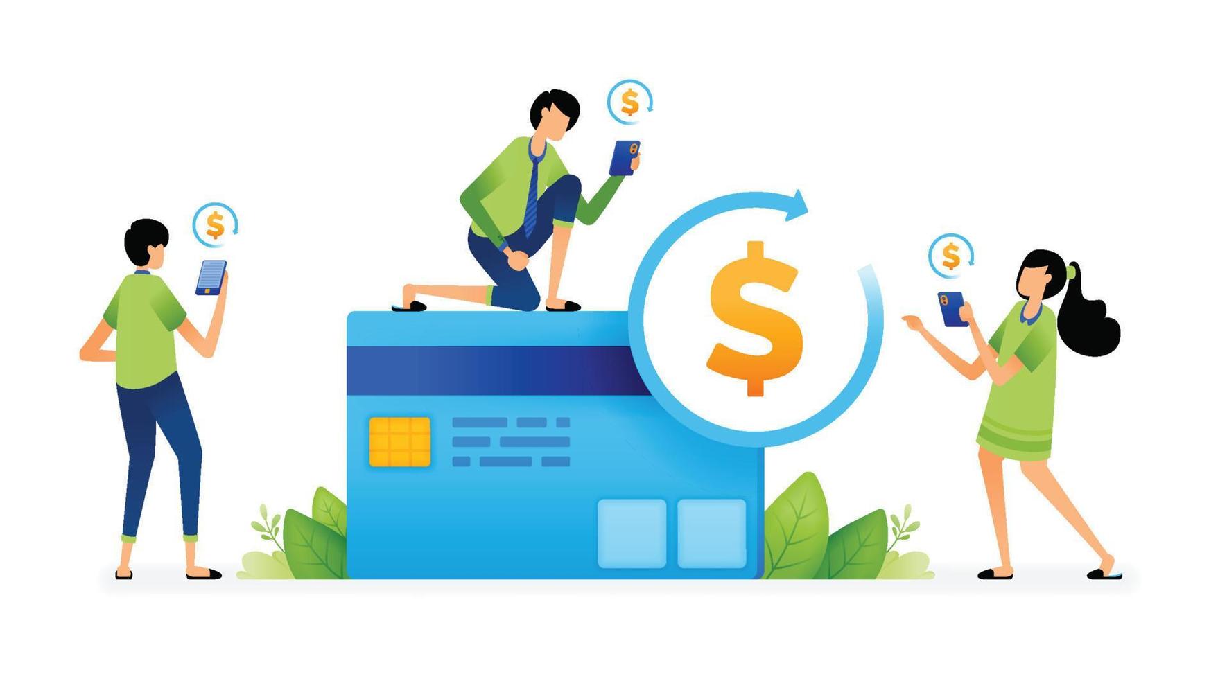 Vector illustration of cashback from billing transactions and purchases using credit cards. Can be used for landing pages, web, websites, mobile apps, posters, ads, flyers, banners