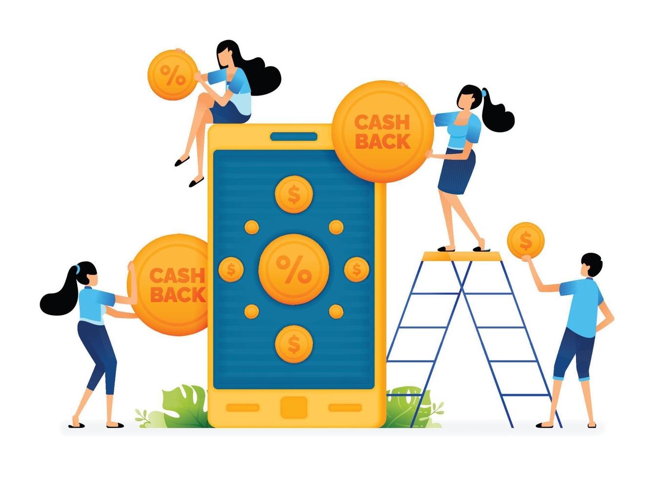 Vector illustration of user getting Cashback from Coins and Discounts promotion program apps. Can be used for landing pages, web, websites, mobile apps, posters, ads, flyers, banners