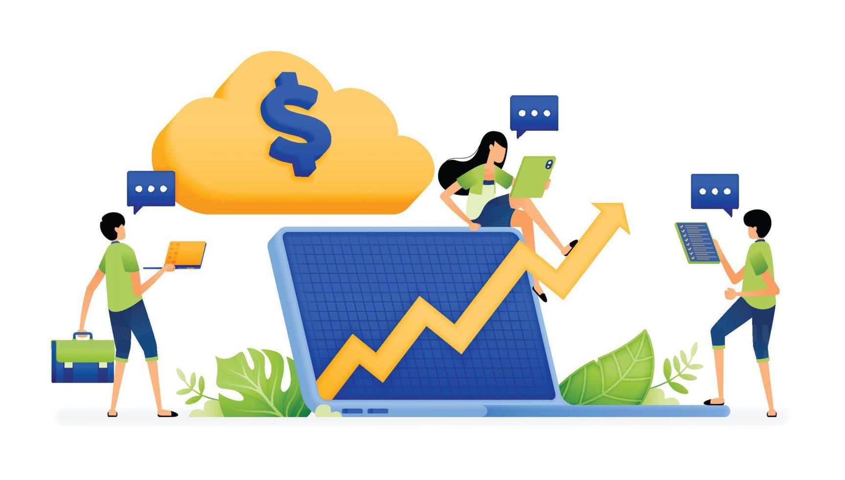 vector illustration of analyzing company charts from financial data on cloud for future strategy and planning. Can be used for landing pages, web, websites, mobile apps, posters, ads, flyers, banners