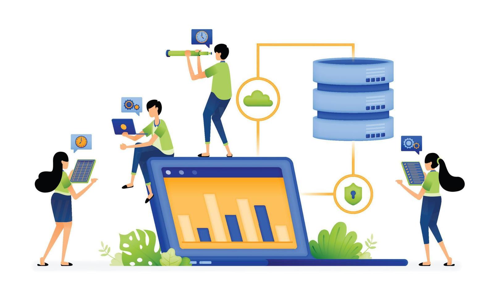 ilustración vectorial del procesamiento de datos para mostrar en una computadora portátil usando una red segura y una base de datos accesible. se puede utilizar para páginas de inicio, web, sitios web, aplicaciones móviles, carteles, anuncios, volantes, pancartas vector