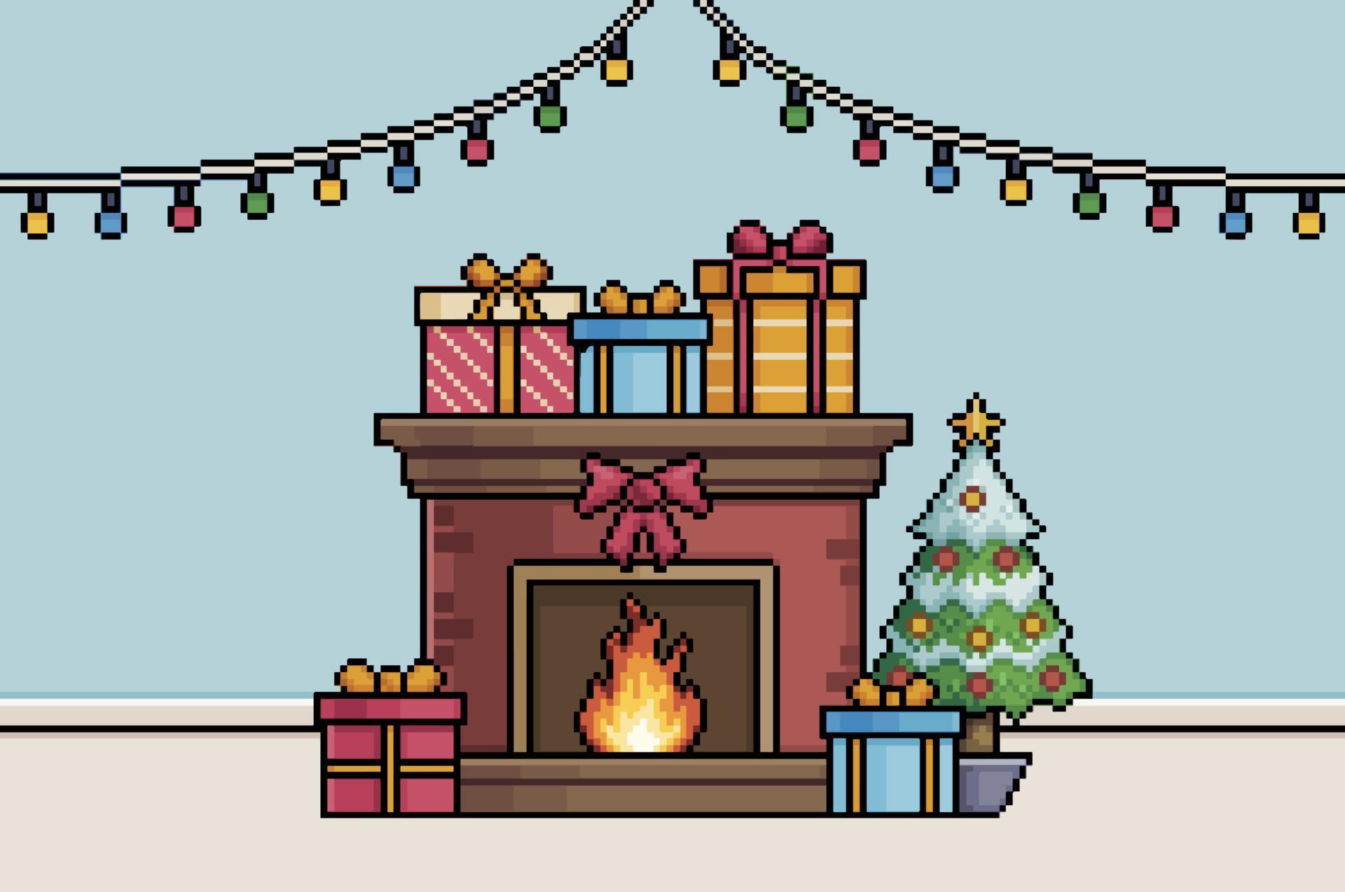 Pixel art christmas scene with fireplace, christmas tree, gifts and