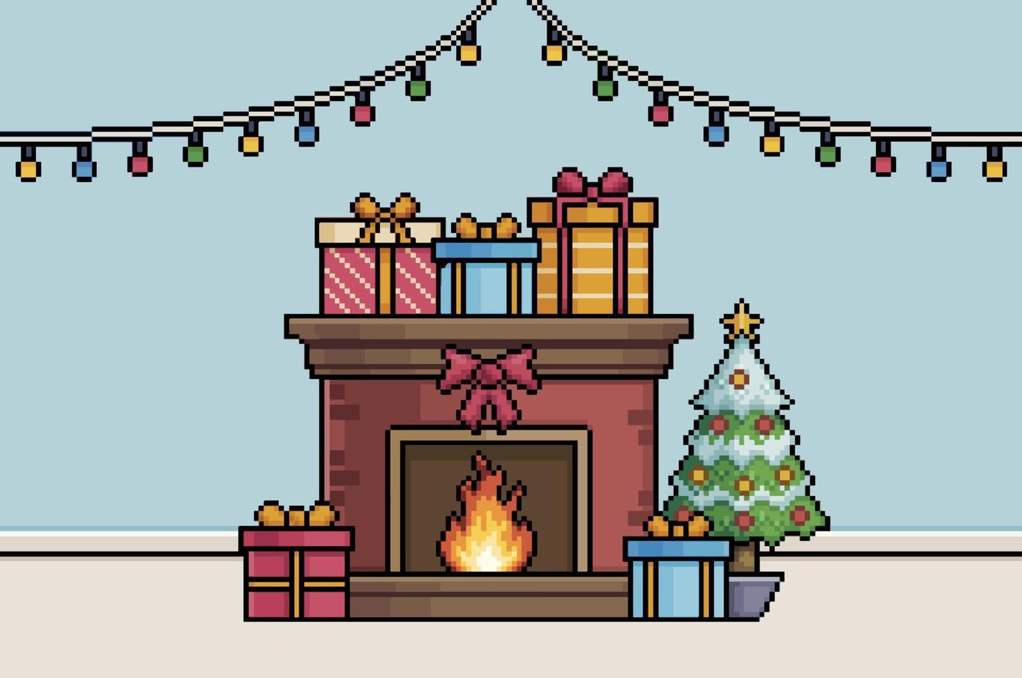 escena navideña de pixel art con chimenea, árbol de navidad, regalos y luces vector de fondo para juego de 8 bits