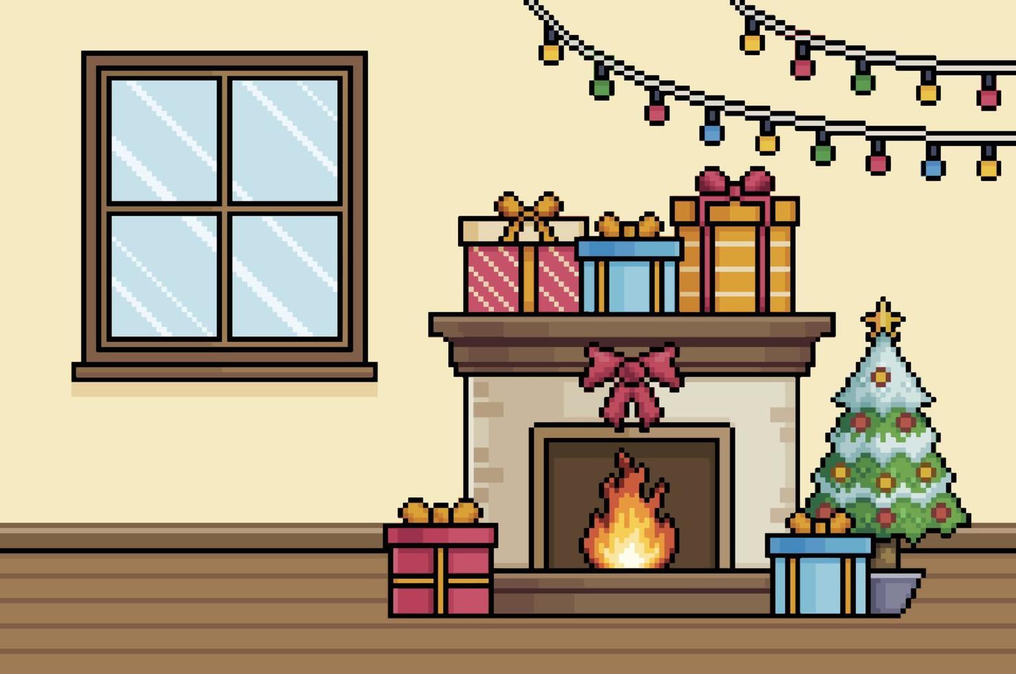 sala de escena de Navidad de arte de píxeles con ventana, chimenea, árbol de Navidad, vector de fondo de regalos para juego de 8 bits